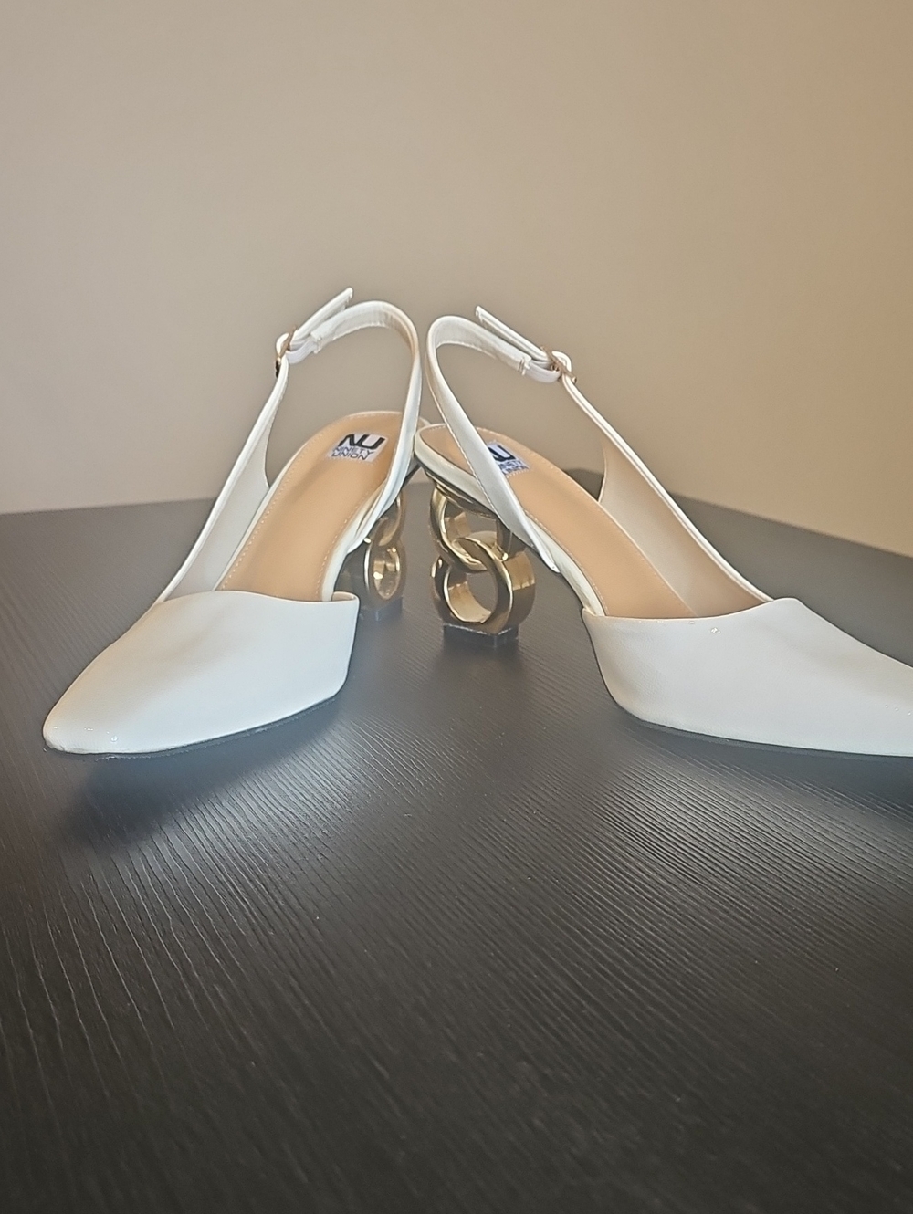 Ninety White Slingback Pumps with Sculptural Gold Heel